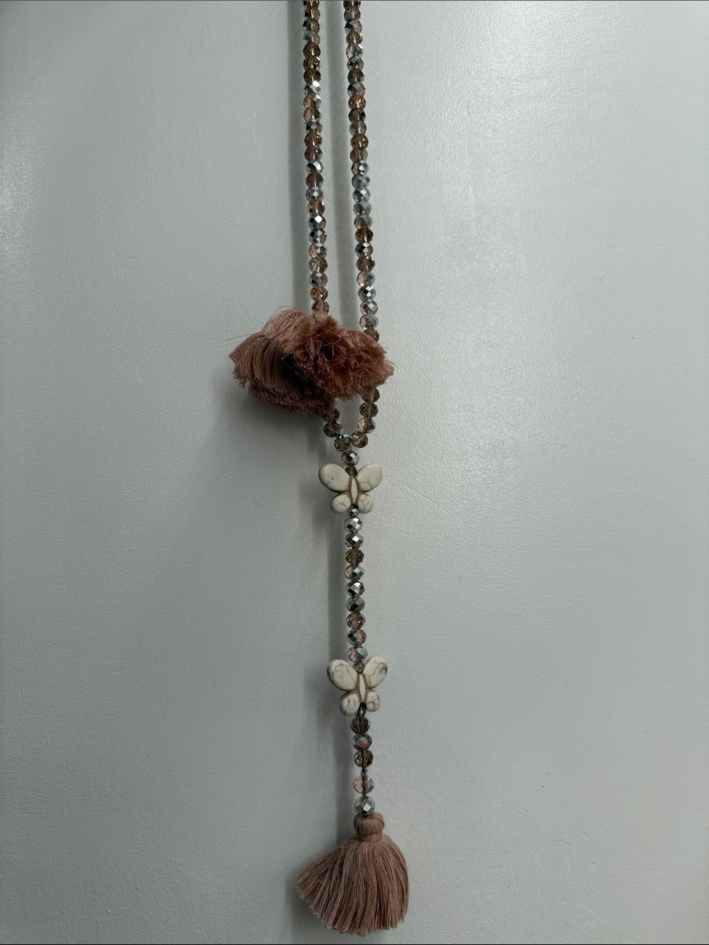 Handmade pink & silver Beaded Tassel Necklace